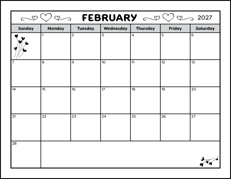 A full-page printable February 2027 calendar. The black-and-white calendar is decorated with cute heart images. There is a space on the calendar for writing notes. The blank February 2027 calendar can be printed on letter-sized paper, landscape orientation.