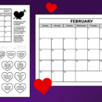 A February 2023 heart themed calendar worksheet for kids. Also a blank February 2023 full page printable calendar. Both printable pages print in black and white.