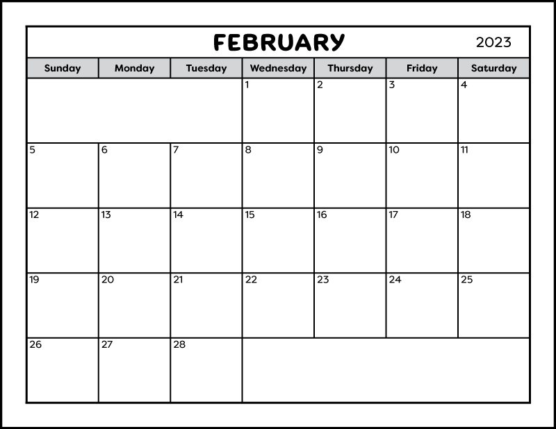 A full page black and white blank printable calendar for the month of February 2023. There are two spaces on the calendar where notes can be written.