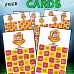 12 free printable bingo cards for the Big Game. The cards are red, gold, black, and white.