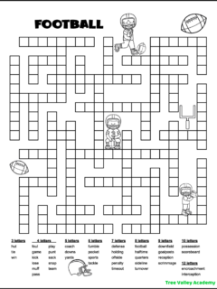 A black and white printable football fill in word puzzle. The word puzzle has 39 football words to fit in the puzzle, ranging from 3 letter words to 12 letter words. The puzzle is decorated with pictures that can be colored. There are pictures of footballs, football players, a goalpost, and a helmet.