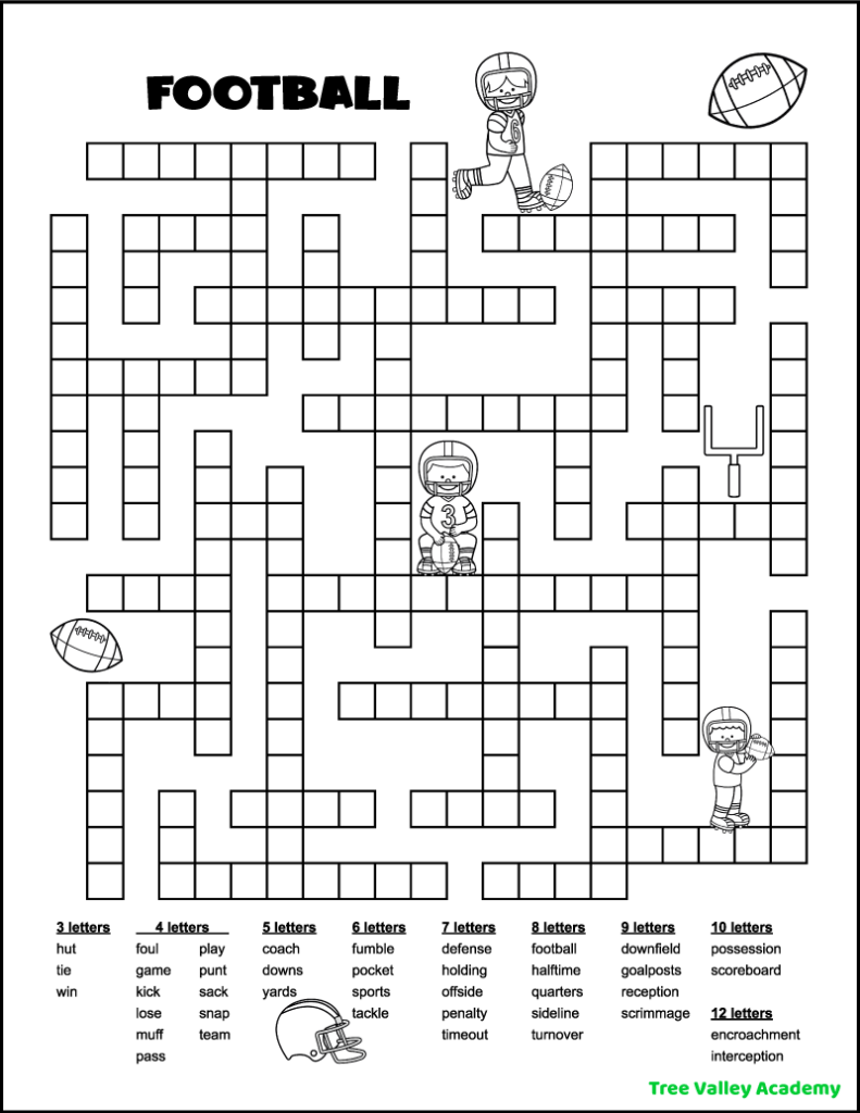 A black and white printable football fill in word puzzle. The word puzzle has 39 football words to fit in the puzzle, ranging from 3 letter words to 12 letter words. The puzzle is decorated with pictures that can be colored. There are pictures of footballs, football players, a goalpost, and a helmet.