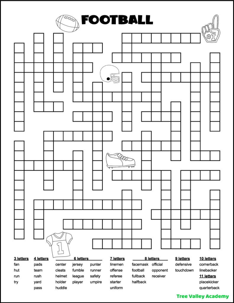 A black and white printable football fill in word puzzle. The word puzzle has 40 football words to fit in the puzzle, ranging from 3 letter words to 11 letter words. The puzzle is decorated with pictures that can be colored. There are pictures of a football, helmet, cleat, jersey, and #1 fan finger.