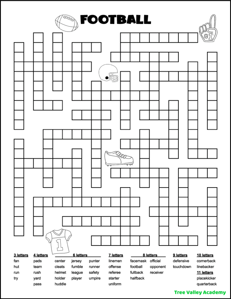 A black and white printable football fill in word puzzle. The word puzzle has 40 football words to fit in the puzzle, ranging from 3 letter words to 11 letter words. The puzzle is decorated with pictures that can be colored. There are pictures of a football, helmet, cleat, jersey, and #1 fan finger.