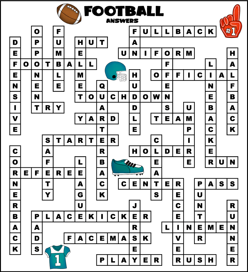 The answers for a printable football themed fill it in word puzzle.