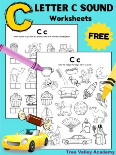 Free letter C sound worksheets. There are 2 black and white letter C sound worksheets. The first page has 21 pictures and kids need to color the images that begin with a C sound. The other printable has 12 images on it with boxes underneath each image, representing the syllables of each word. Kids are asked to draw an X in the box of the syllable that they hear a C sound.