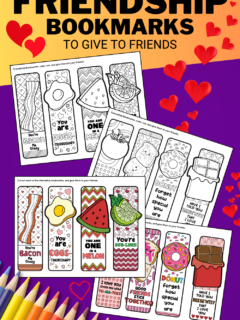 Friendship bookmarks to give to friends. 4 printable pages with 2 pages with 8 bookmarks in full color, and 2 pages in black and white to color. The food themed bookmarks have messages like: You're bacon me crazy; you are eggstraordinary; you are one in a melon; you're sub-lime; I love you from my head to-ma-toes; good friends stick together; donut forget how special you are; and have I told you reese'ntly that I love you.