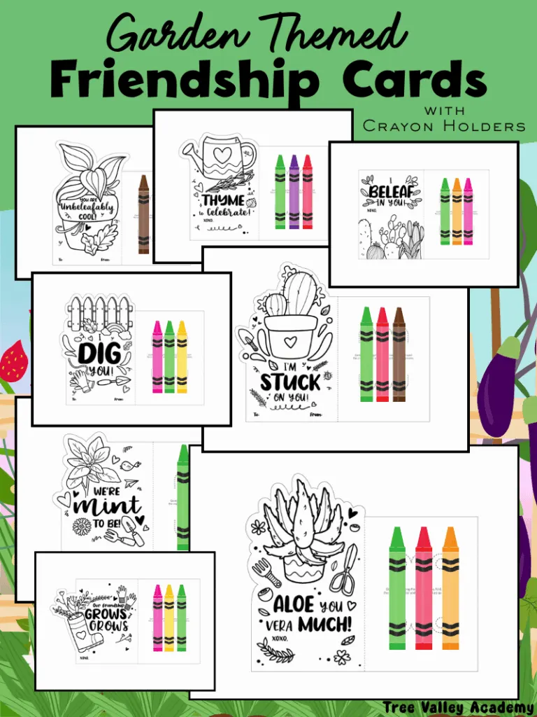 Garden themed friendship cards with crayon holders for kids. There are 8 printable cards with plant puns, black-and-white coloring designs, and slots to hold three crayons for gifting to friends.