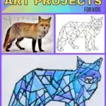 Easy geometric art projects for kids. Showing a photograph of a fox, a line art drawing of the fox, and a finished art work a child made. Their art shows the fox divided into various geometric shapes. Each shape is coloured a different shade of blue or purple.