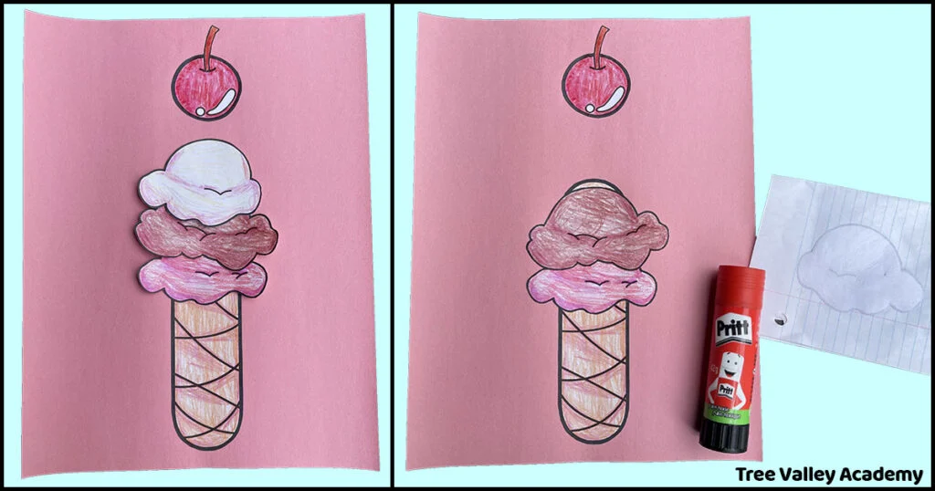 Lowercase letter i ice cream craft being glued onto pink construction paper