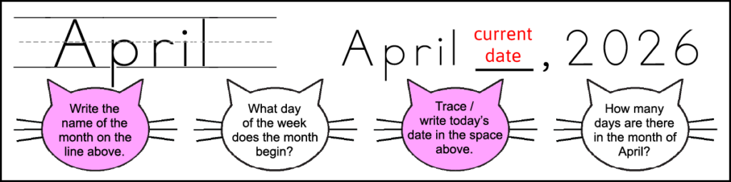 4 questions of a printable 1st grade April calendar worksheet and 2 answers