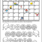 A cute 1st grade calendar worksheet. The top half has a January 2024 monthly calendar. There are cute colorful pictures of activities on different days of the calendar. The bottom half has 15 1st grade calendar word problems. Each question is written in a picture of a snowball. Kids can color each snowball as they answer each calendar question.