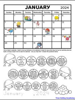 A cute 1st grade calendar worksheet. The top half has a January 2024 monthly calendar. There are cute colorful pictures of activities on different days of the calendar. The bottom half has 15 1st grade calendar word problems. Each question is written in a picture of a snowball. Kids can color each snowball as they answer each calendar question.