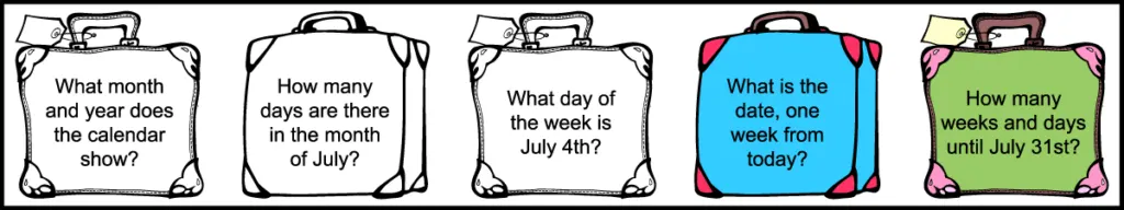 the 5 questions in the 1st row of a printable 1st grade July calendar
