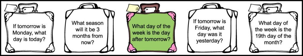 the 5 questions in the 3rd row of a printable 1st grade July calendar
