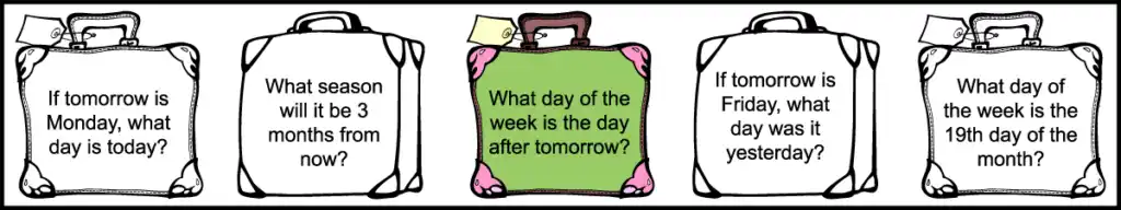 the 5 questions in the 3rd row of a printable 1st grade July calendar