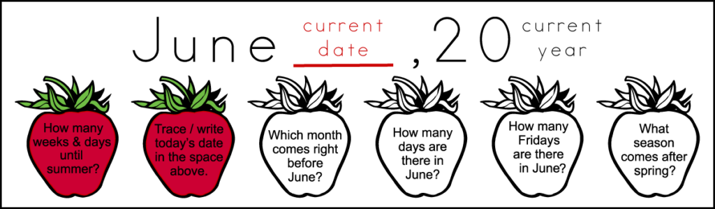 6 questions of a printable 1st grade June calendar worksheet and 1 answer