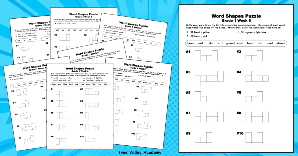 8 printable word shape puzzles for grade 1. Each worksheet has 10 first grade spelling words. After writing the words in the correct word boxes kids are given several phonics sounds. They are asked to color the word boxes with a certain blend, digraph, or sound a specific color.