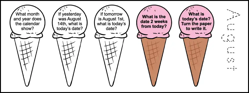 Five calendar questions of a 2nd grade calendar worksheet. Each question is written in an ice cream scoop.