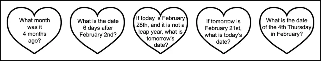 The third row of questions for a 2nd grade February calendar worksheet.