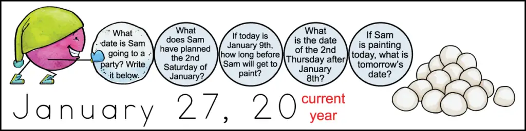 The third row of questions for a 2nd grade January calendar worksheet.