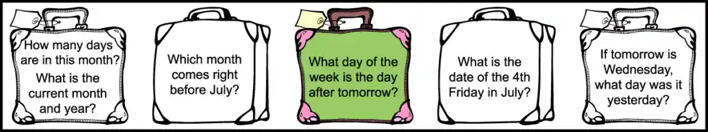 the 5 questions in the 1st row of a printable 2nd grade July calendar