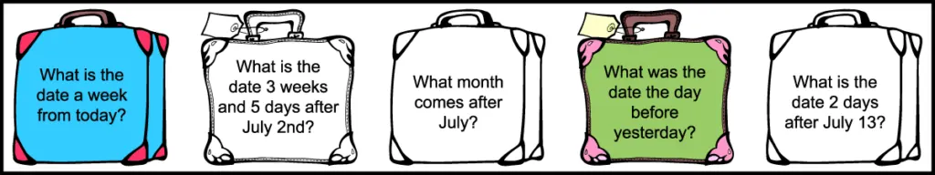 the 5 questions in the 2nd row of a printable grade 2 July calendar