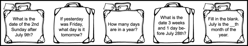 the 5 questions in the 3rd row of a printable grade 2 July calendar