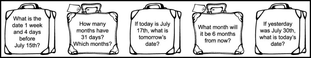 the 5 questions in the 4th row of a printable grade 2 July calendar