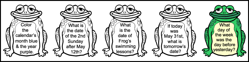 5 calendar questions, each written in an image of a frog, in the 1st row of a printable 2nd grade May calendar worksheet