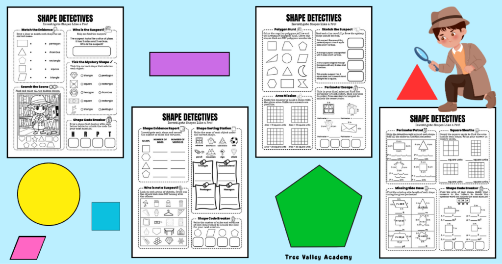 Preview of Grade 3 shape math worksheets featuring geometry activities, shape detective puzzles, perimeter and area practice, shape sorting, and identifying polygons and quadrilaterals.