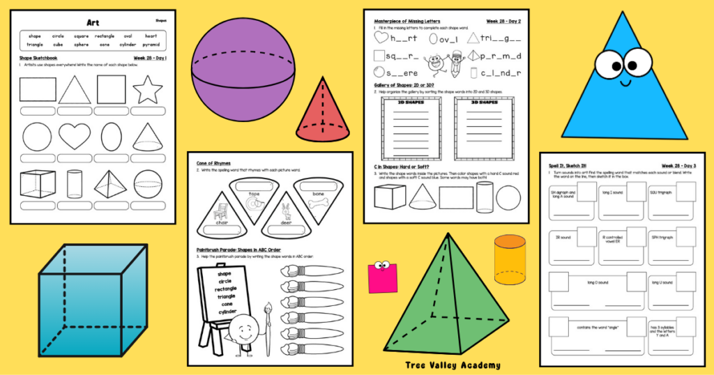 Preview of Grade 3 shape spelling worksheets featuring geometry vocabulary words, shape sketching, missing letters, spelling activities, and 2D and 3D shape practice pages.