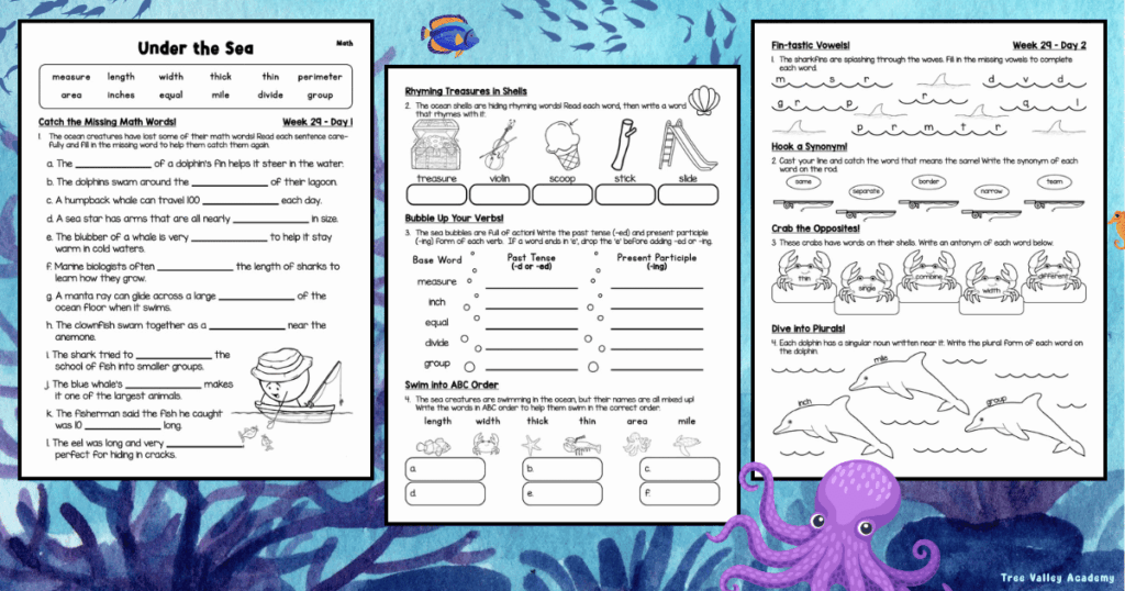 under the sea 3rd grade spelling worksheets with ocean themed word work activities including vocabulary, grammar, and spelling practice