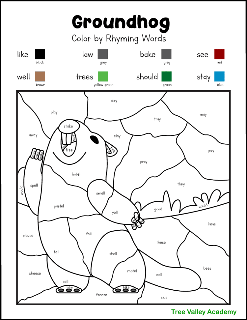A groundhog color by rhyming words coloring worksheet.  Kids will need to find the rhyming words of  8 words and color those spaces a specified color. The rhyming words are: like, well, law, trees, bake, should, see, and stay.  The picture to color is a ground hog standing on his 2 back legs yelling his spring prediction.