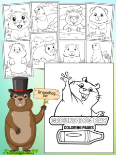 9 black and white printable Groundhog Day coloring pages for kids. There's a cover page and 8 other groundhog pictures to color.