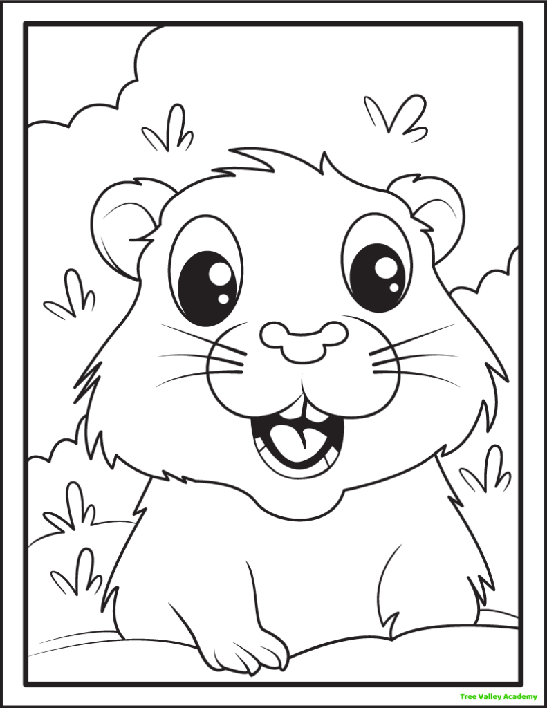 A printable groundhog coloring page for kids. The cute and happy cartoon groundhog has big eyes, his mouth is open, and you can see his tongue and teeth. The front view of the groundhog's head, the top half of his body, and front 2 legs are visible, as the rest is below ground. The background is full of bushes and leafy green areas.