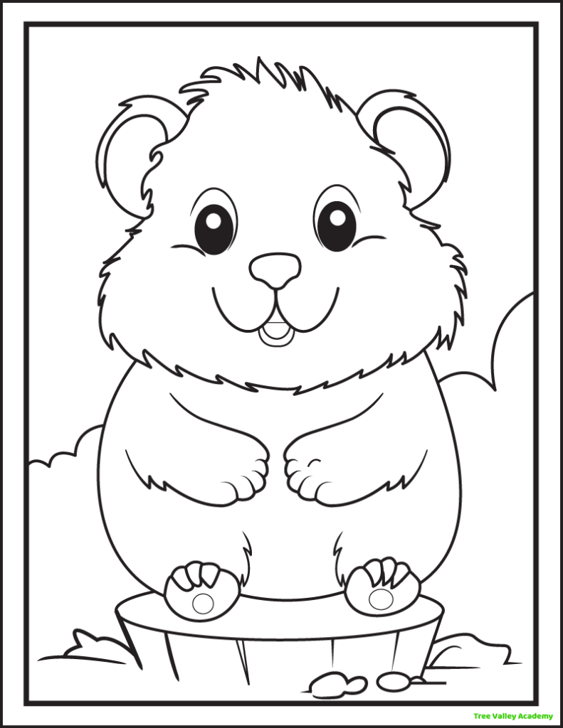 A printable groundhog coloring sheet. The groundhog is sitting on a stump and looks happy.