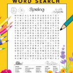 A hard spring word search with 25 hidden words in an 18 X 18 grid of uppercase letters. The black and white full page printable word search puzzle has cute images decorating the puzzle that can be coloured. The puzzle has images of a snail, a worm, flowers, and some birds sitting on the end of a branch.