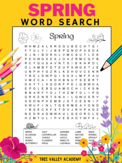 A hard spring word search with 25 hidden words in an 18 X 18 grid of uppercase letters. The black and white full page printable word search puzzle has cute images decorating the puzzle that can be coloured. The puzzle has images of a snail, a worm, flowers, and some birds sitting on the end of a branch.