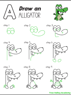 A printable letter A activity for kids. The one-page printable shows 9 easy steps to draw a simple cartoon sitting alligator.