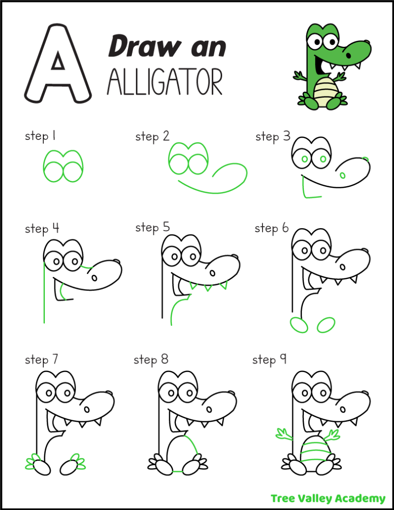 A printable letter A activity for kids. The one-page printable shows 9 easy steps to draw a simple cartoon sitting alligator.