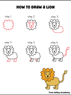 A free printable page showing how to draw an easy lion for kids in 6 simple steps.