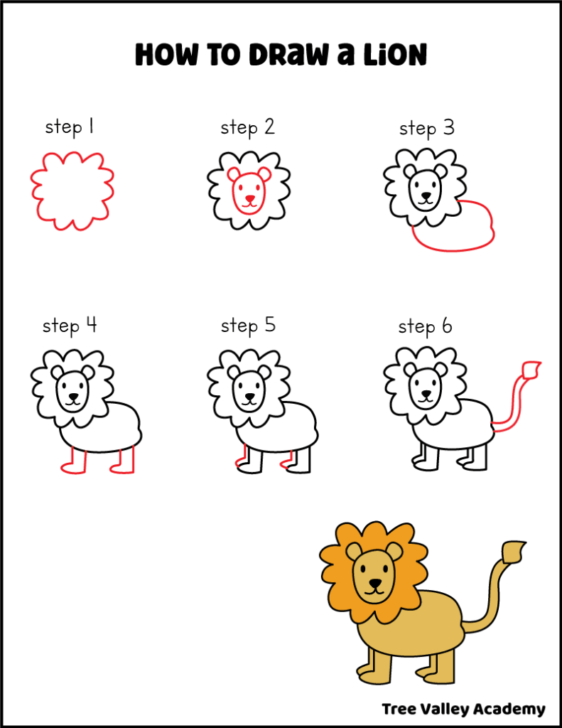 A free printable page showing how to draw an easy lion for kids in 6 simple steps.