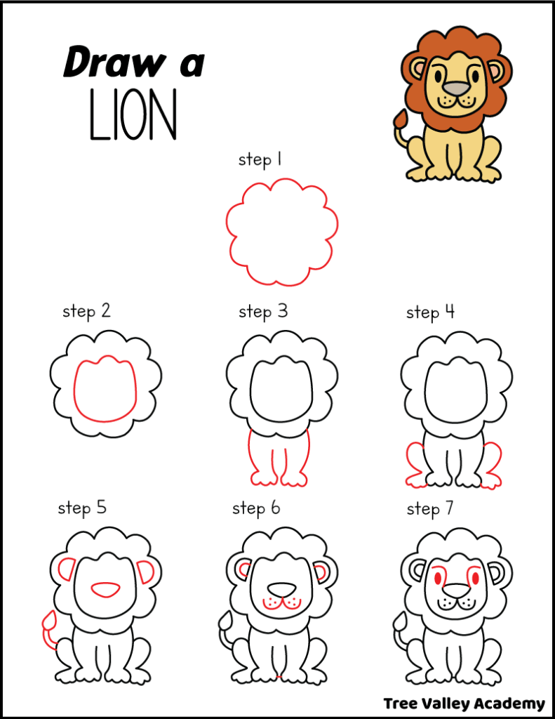 A free printable page showing how to draw a cartoon lion for kids in 7 simple steps.