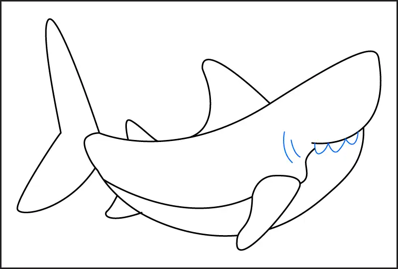 Step 5 of how to draw a shark. Draw 2 gill lines and a 3 sharp teeth.