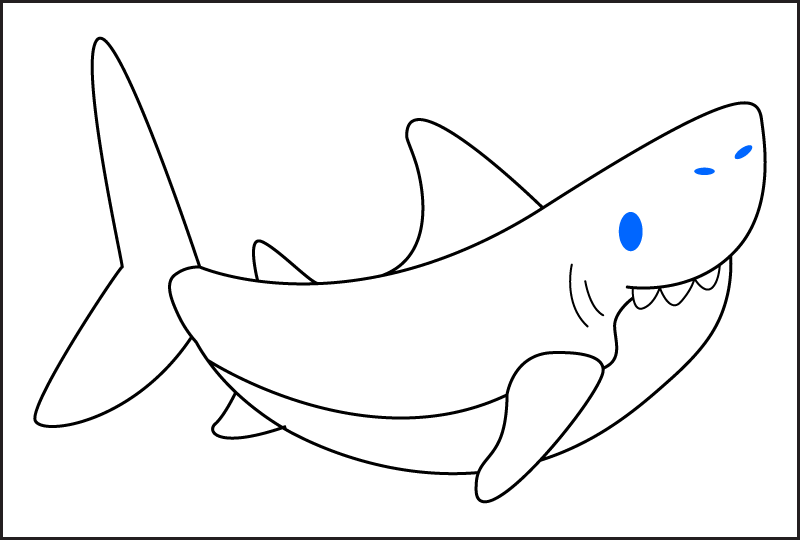 Step 6 of how to draw a shark. Draw the eye and nostrils to complete the face.