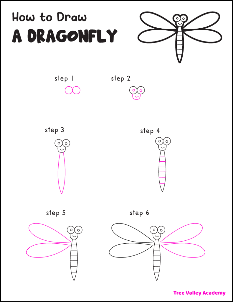 How to draw a simple cartoon dragonfly in 6 easy steps.