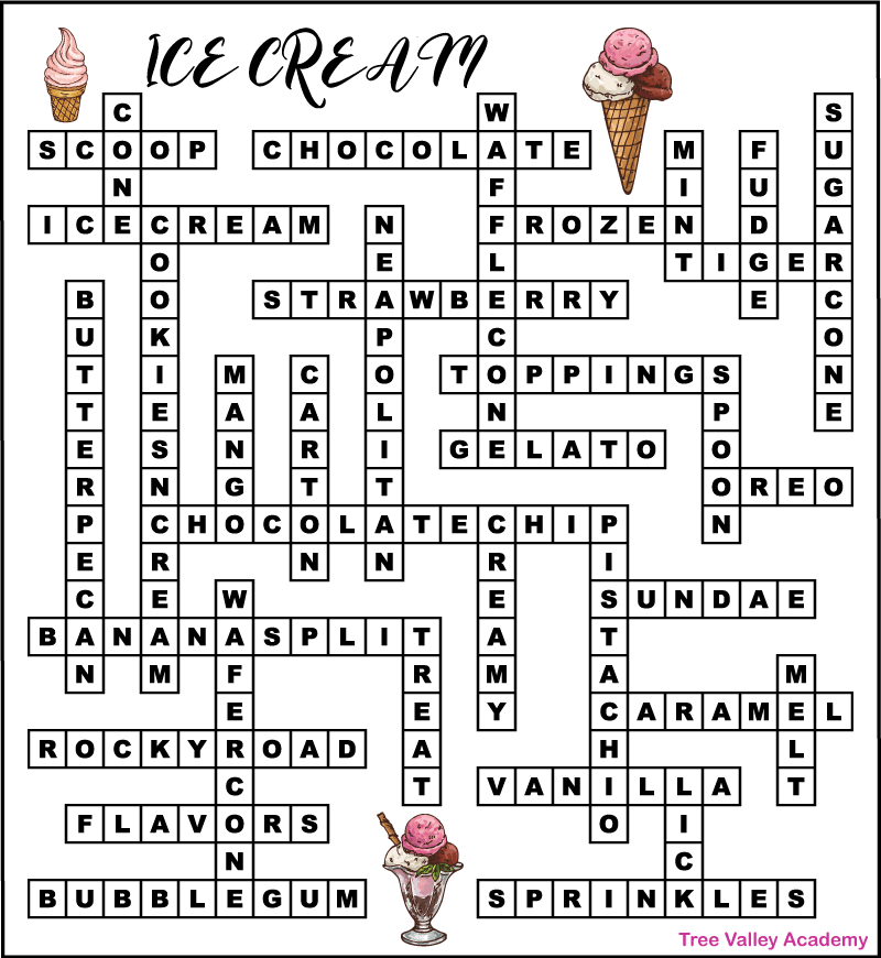 The answers for a free printable ice cream themed fill in word puzzle.