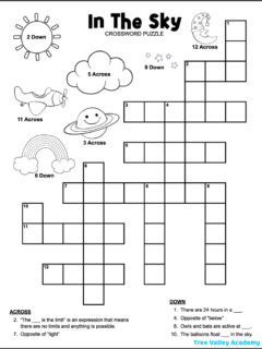 A black and white printable in the sky themed easy crossword puzzle for kids. The puzzle has 13 clues to solve. 7 of the clues are picture clues. There are pictures of a sun, plane, cloud, planet, rainbow, stars, and moon.