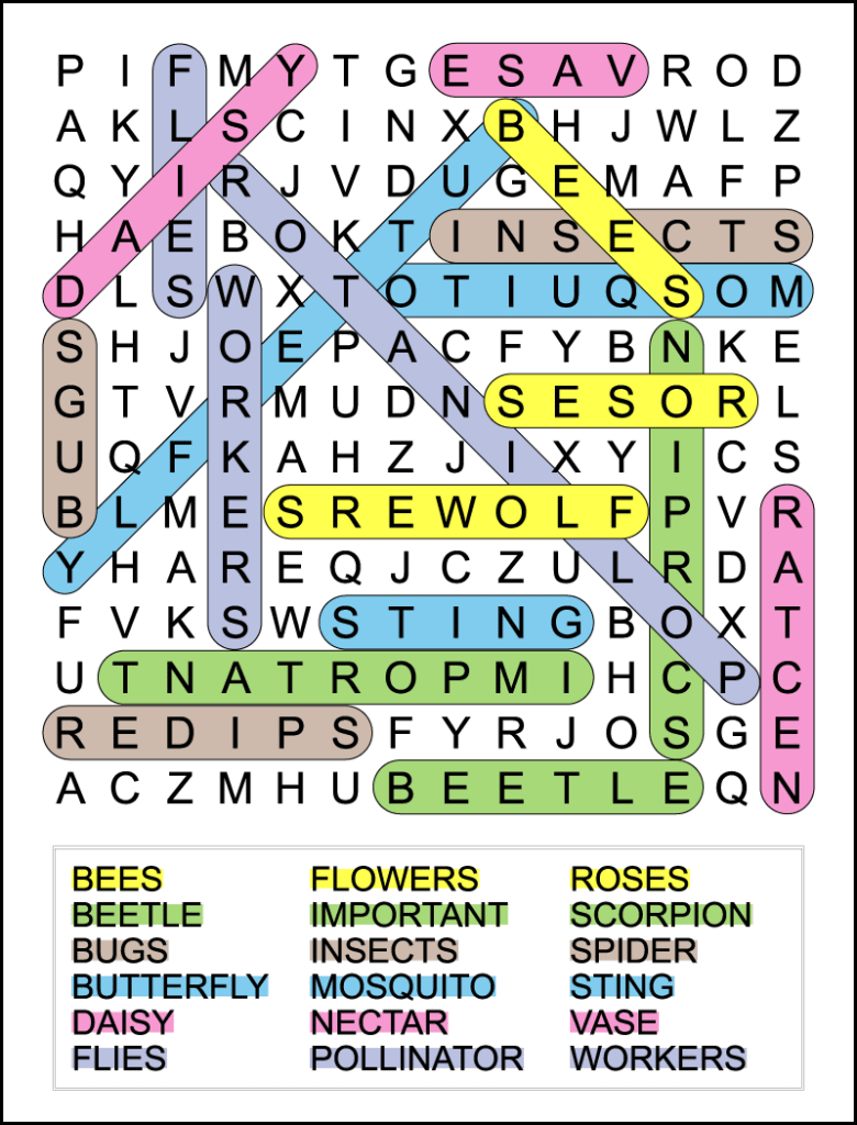 A flowers and insects word search answer key.